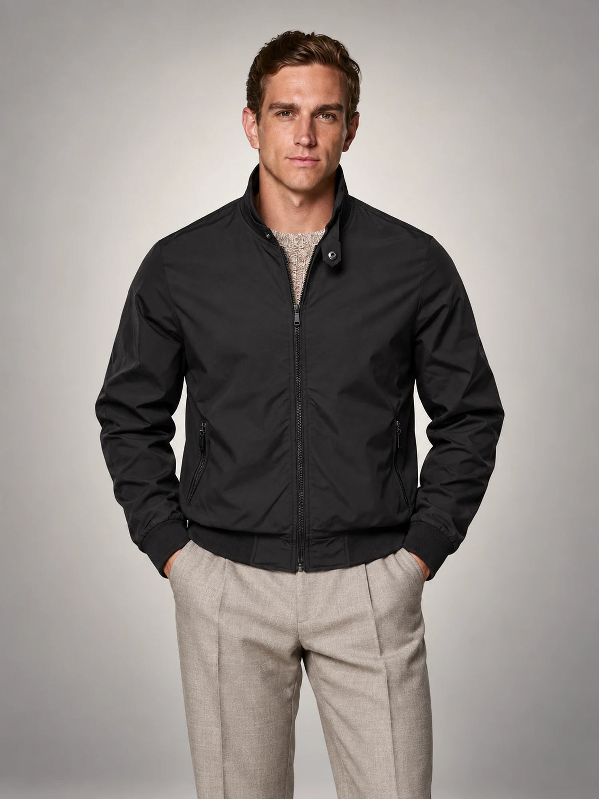 Volantero Men's Harrington Bomber Jacket in Black, main view