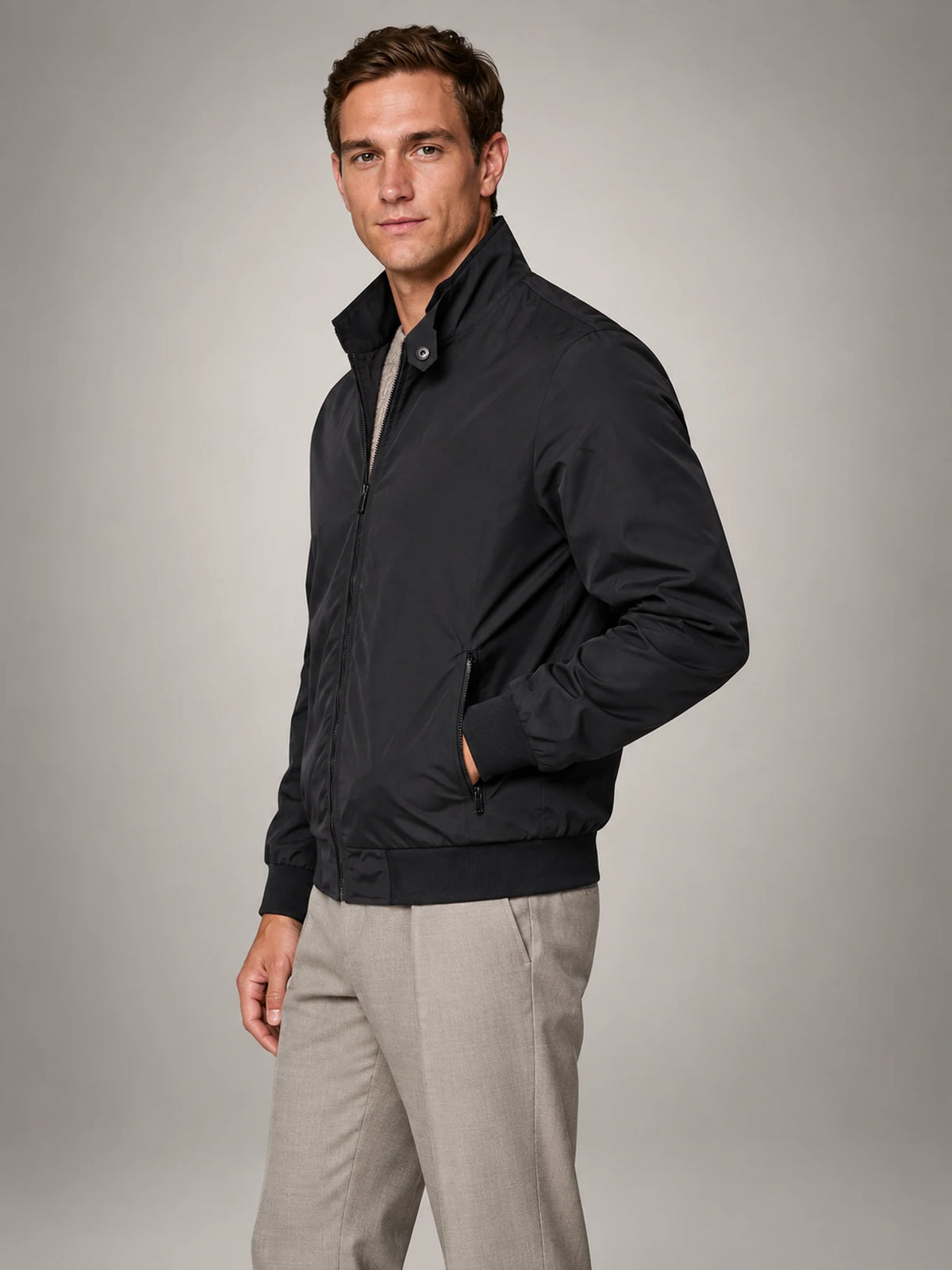 Volantero Men's Harrington Bomber Jacket in Black, side view