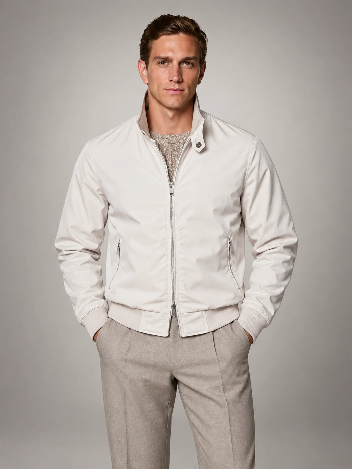 Volantero Men's Harrington Bomber Jacket in White, front view