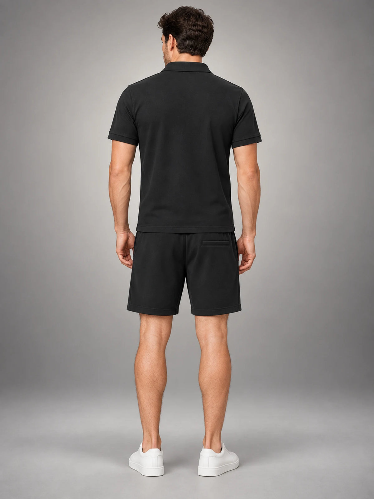 Volantero Men's Casual Polo Shirt and Shorts Set in Black, back view