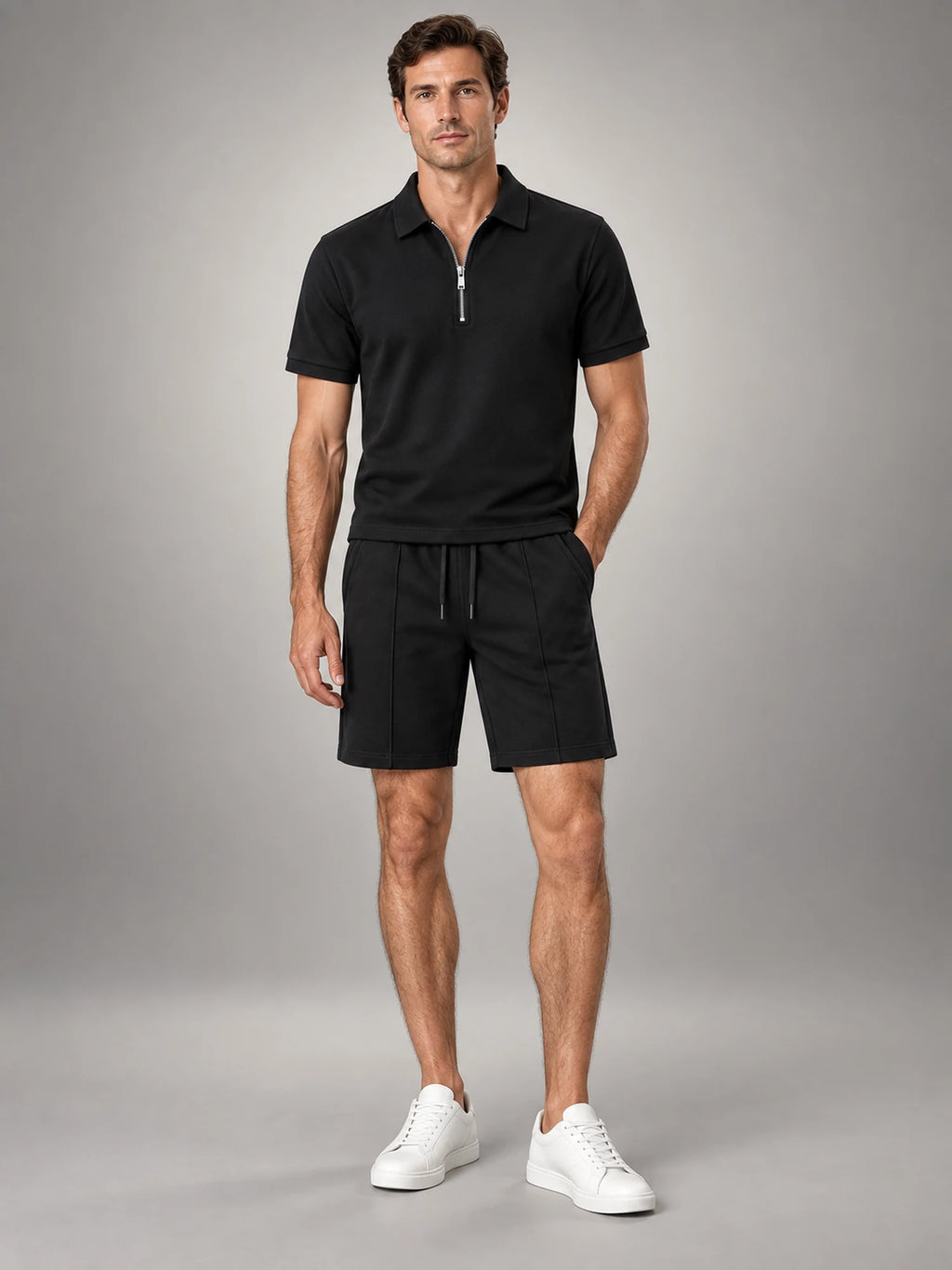 Volantero Men's Casual Polo Shirt and Shorts Set in Black, front view