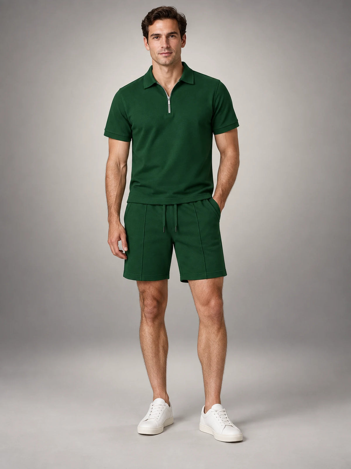 Volantero Men's Casual Polo Shirt and Shorts Set in Green, front view