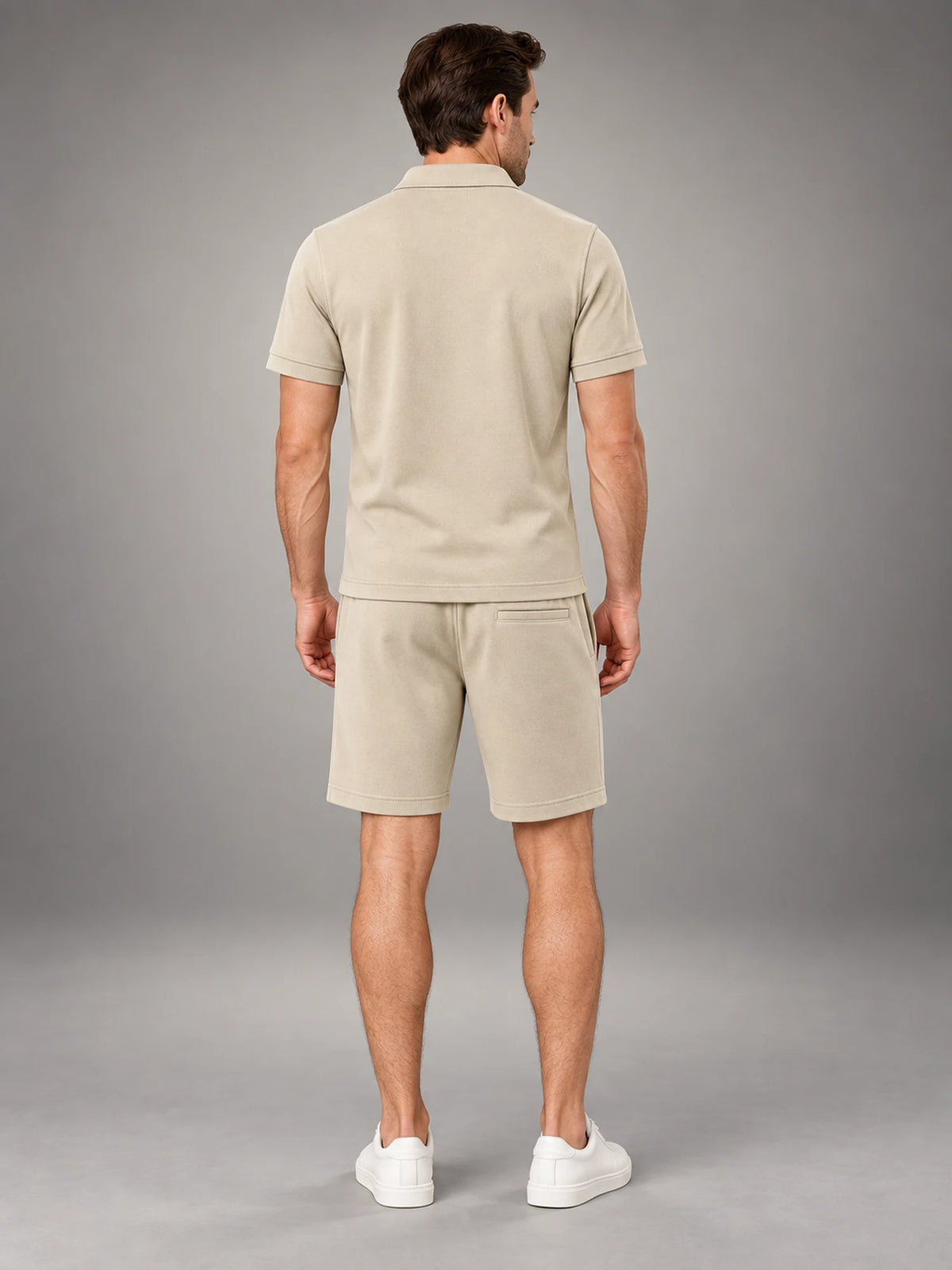 Volantero Men's Casual Polo Shirt and Shorts Set in Khaki, back view