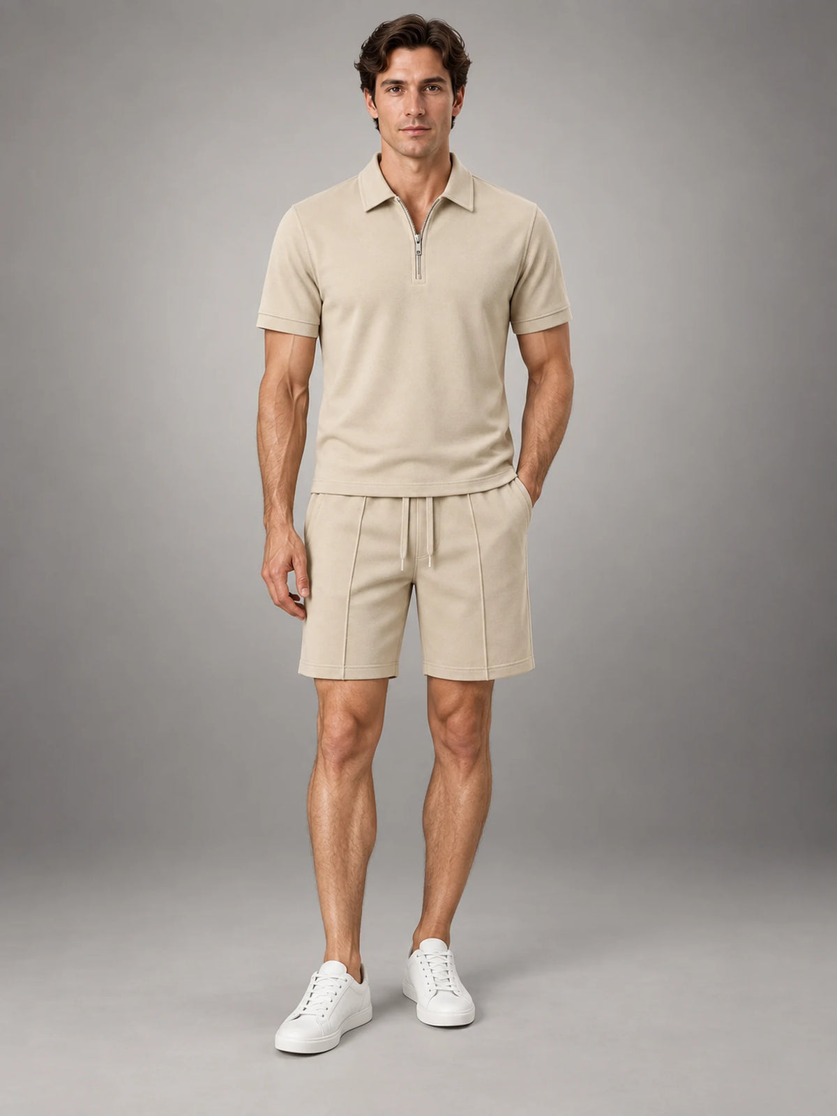 Volantero Men's Casual Polo Shirt and Shorts Set in Khaki, front view