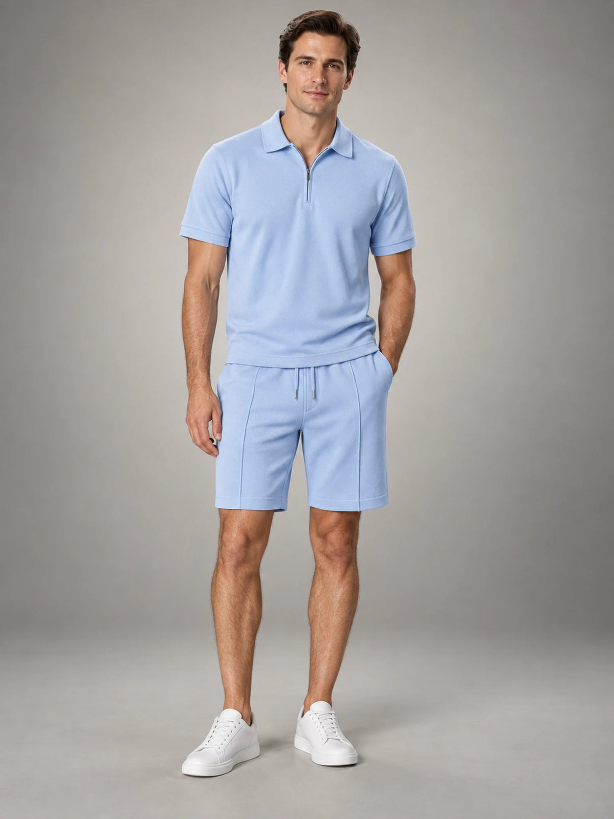 Volantero Men's Casual Polo Shirt and Shorts Set in Light Blue, main view