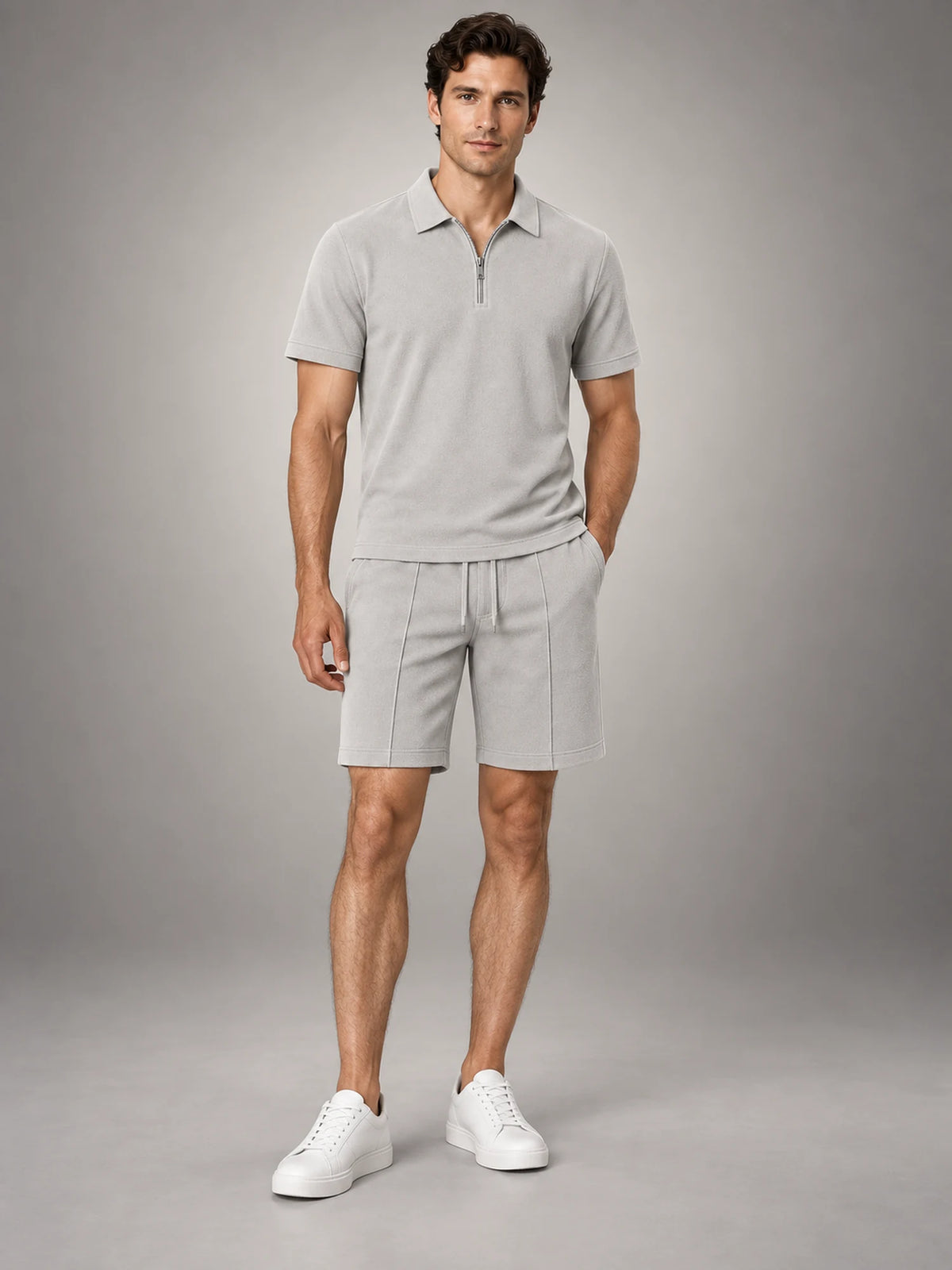 Volantero Men's Casual Polo Shirt and Shorts Set in Light Grey, front view