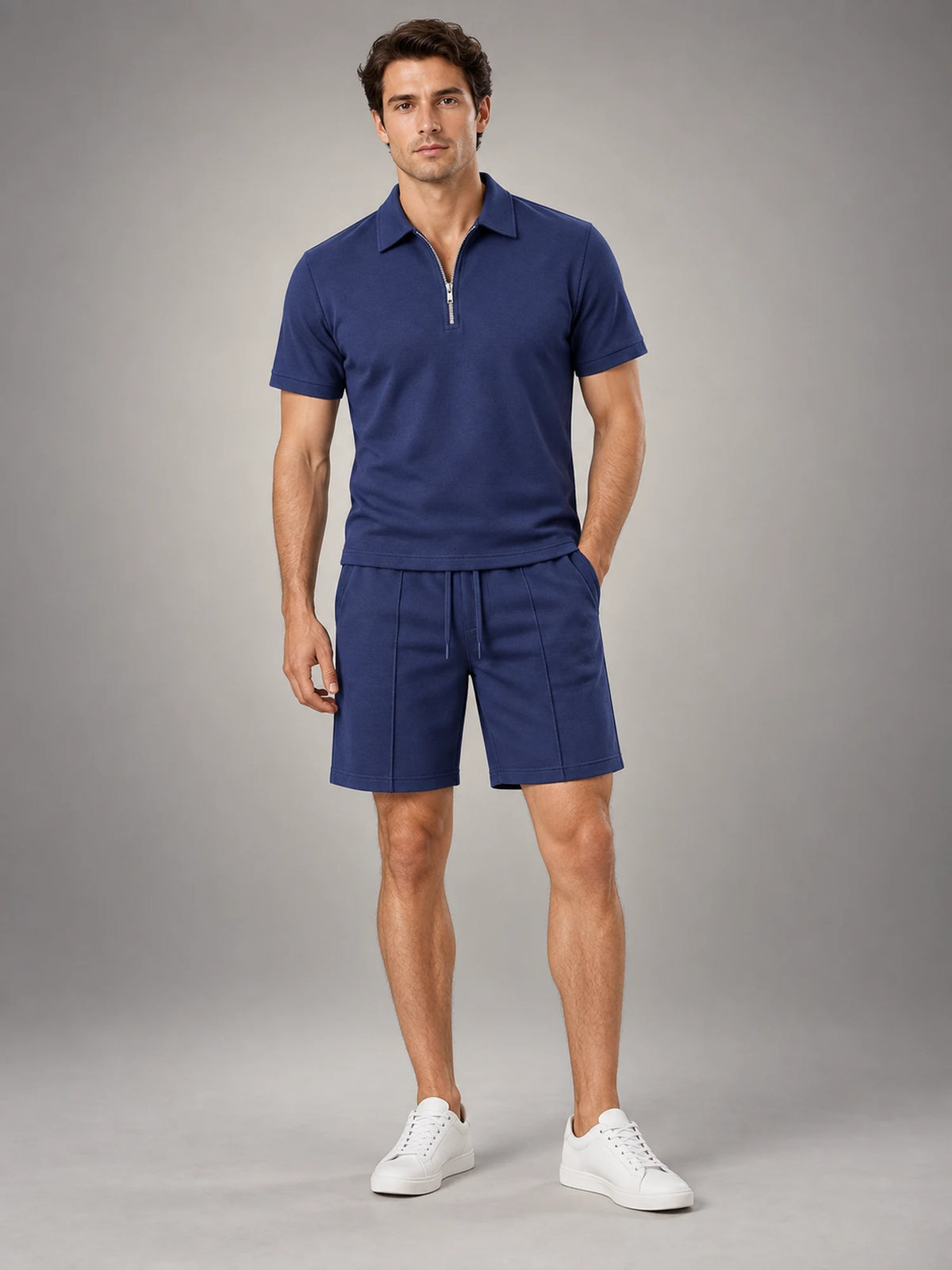 Volantero Men's Casual Polo Shirt and Shorts Set in Navy, front view