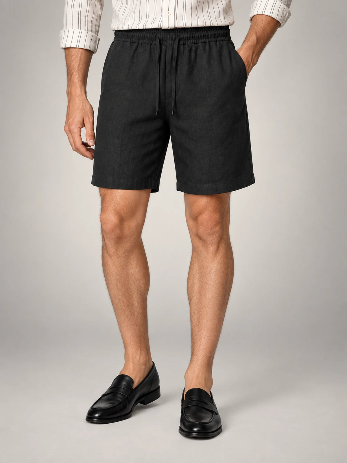 Volantero Men's Linen Drawstring Shorts in Black, hover view