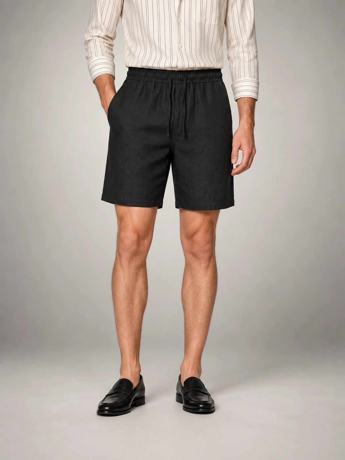 Volantero Men's Linen Drawstring Shorts in Black, main view