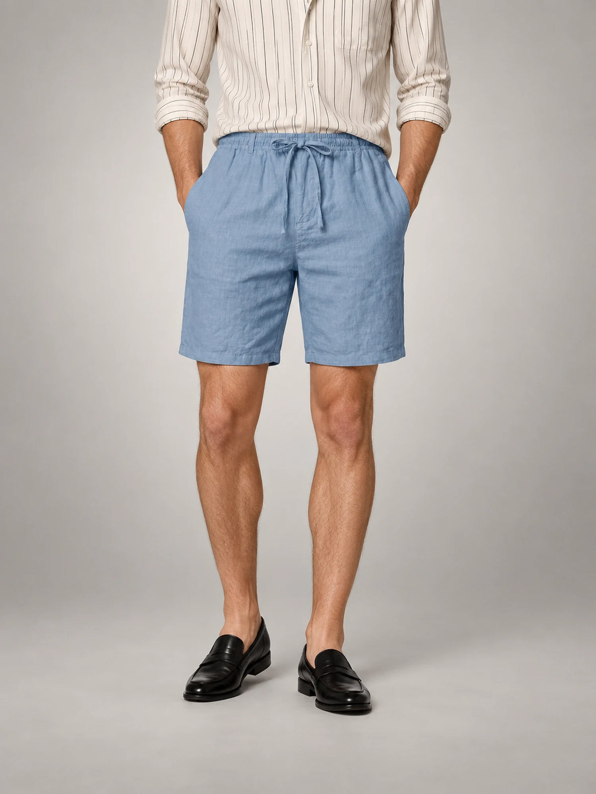 Volantero Men's Linen Drawstring Shorts in Blue, front view