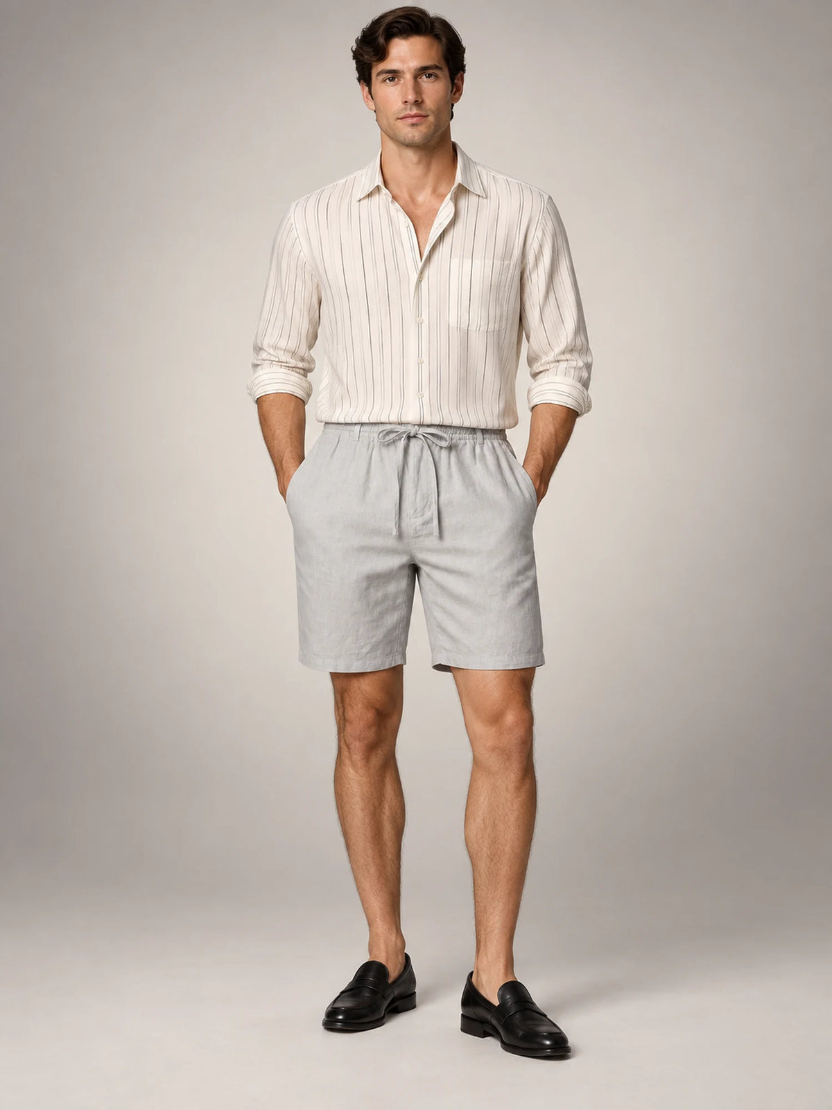Volantero Men's Linen Drawstring Shorts in Grey, front view