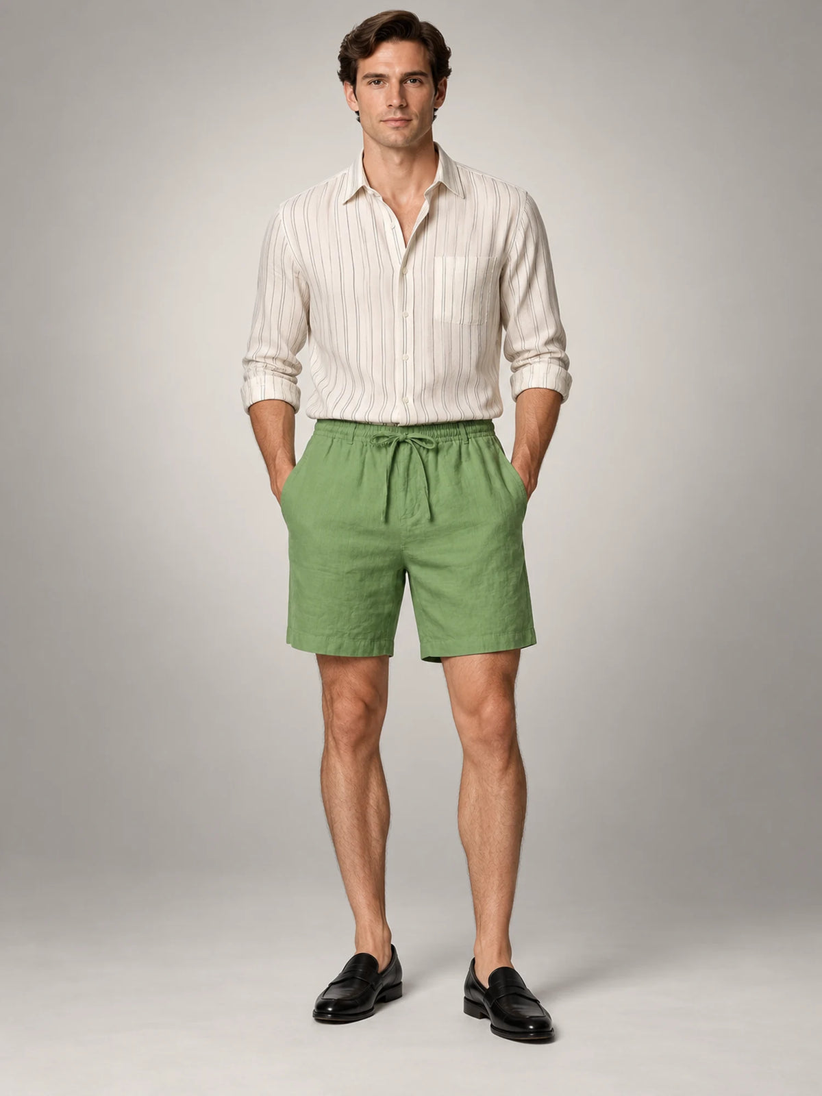 Volantero Men's Linen Drawstring Shorts in Green, front view