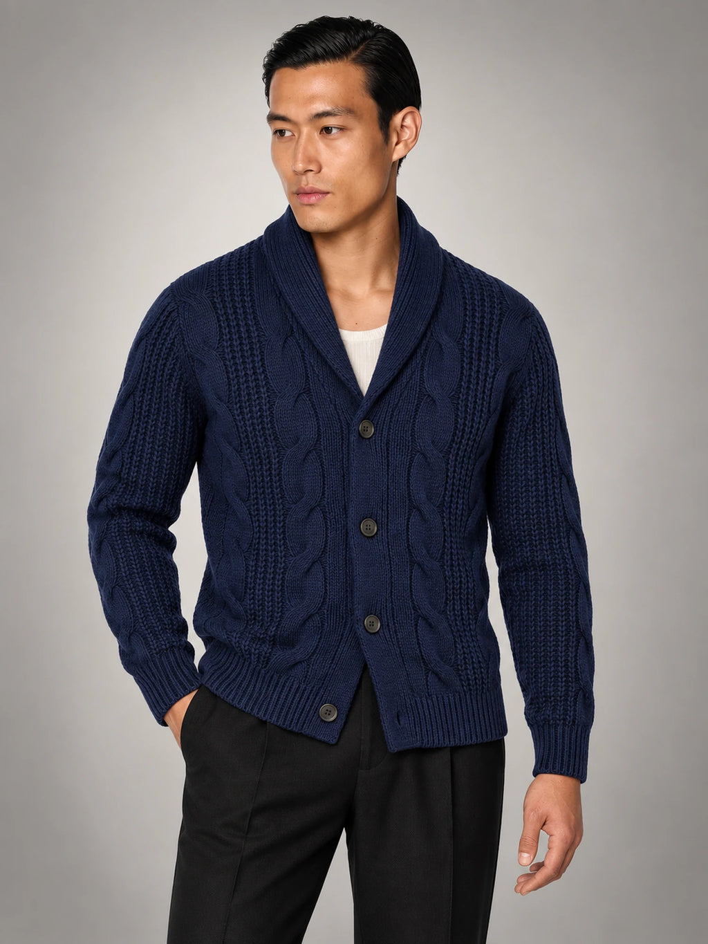 Volantero Men's Wool Knitted Cardigan in Navy, hover view