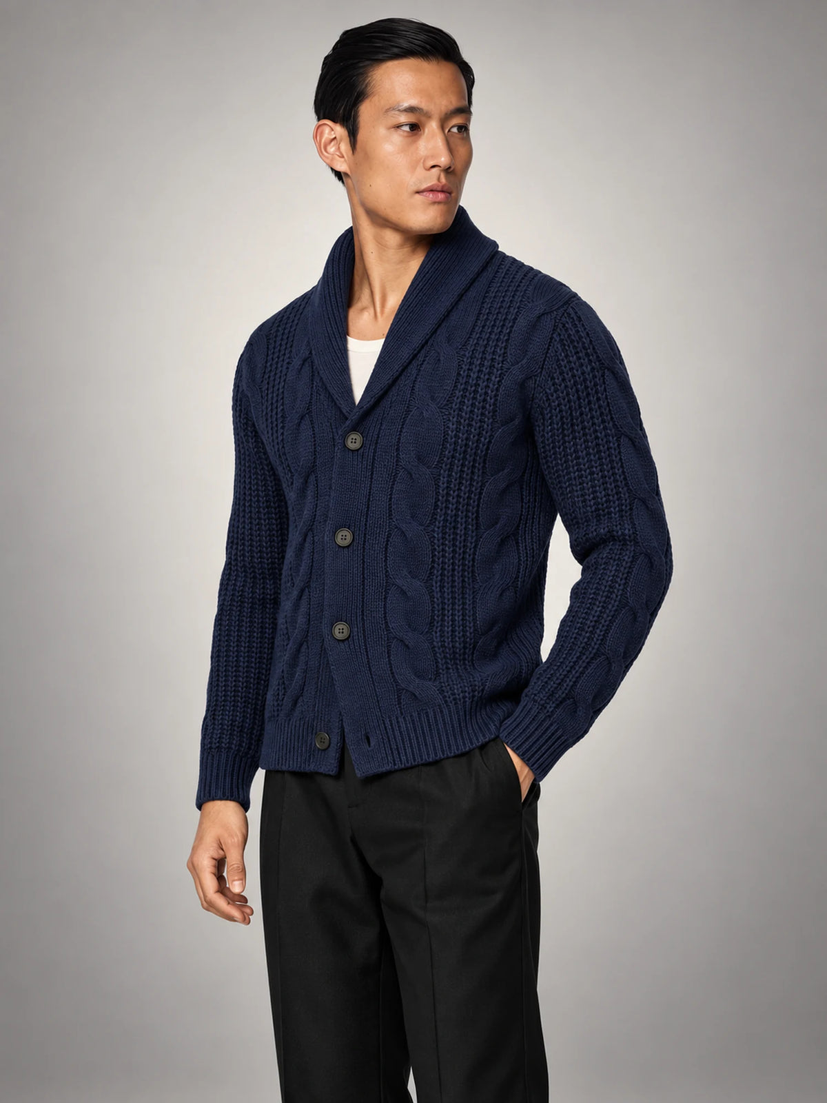 Volantero Men's Wool Knitted Cardigan in Navy, side view