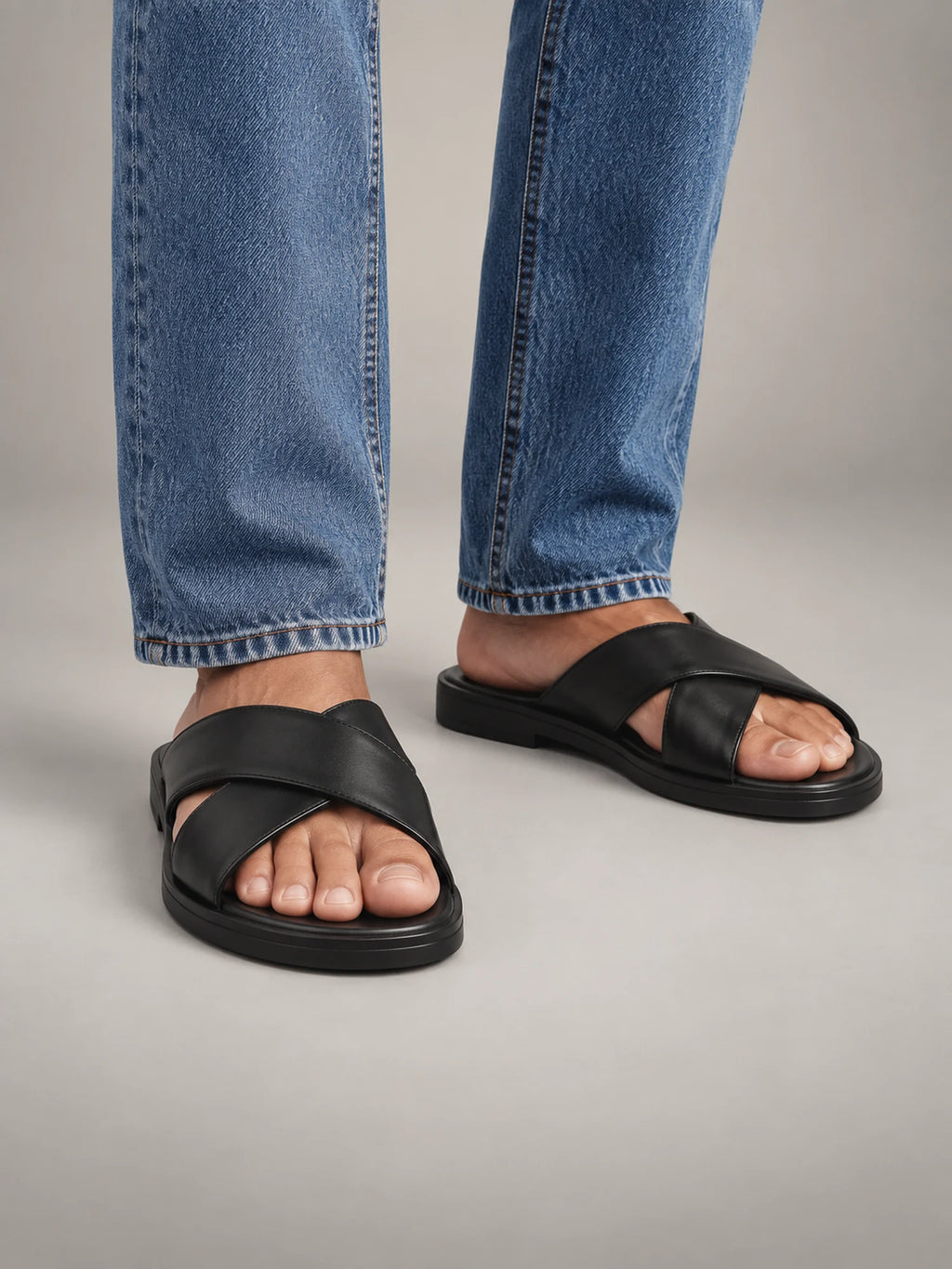 Volantero Men's Slide Sandals with Cross Strap Design in Black, front view
