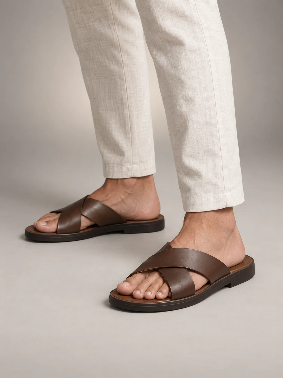 Volantero Men's Slide Sandals with Cross Strap Design in Brown, hover view