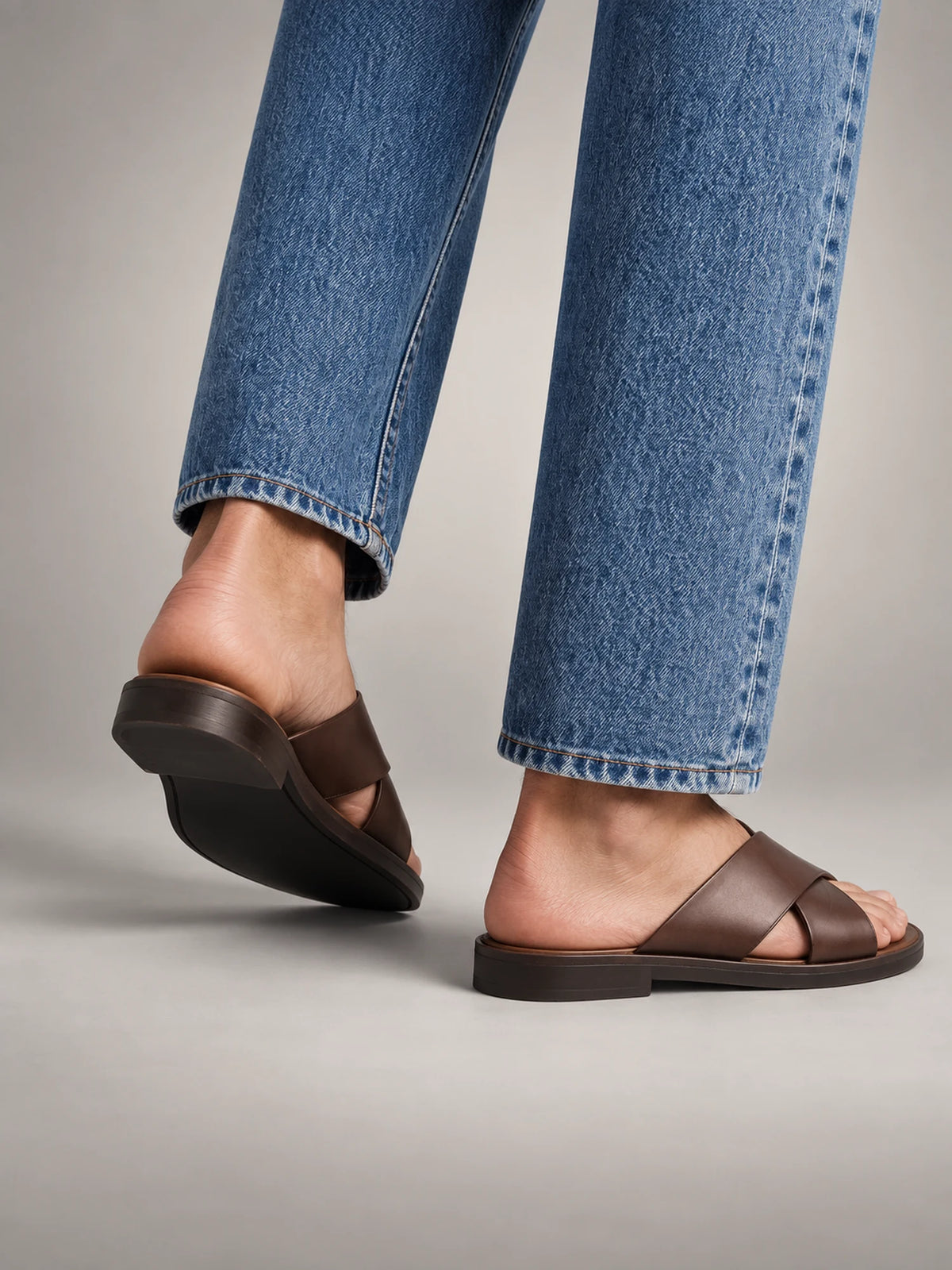 Volantero Men's Slide Sandals with Cross Strap Design in Brown, side view