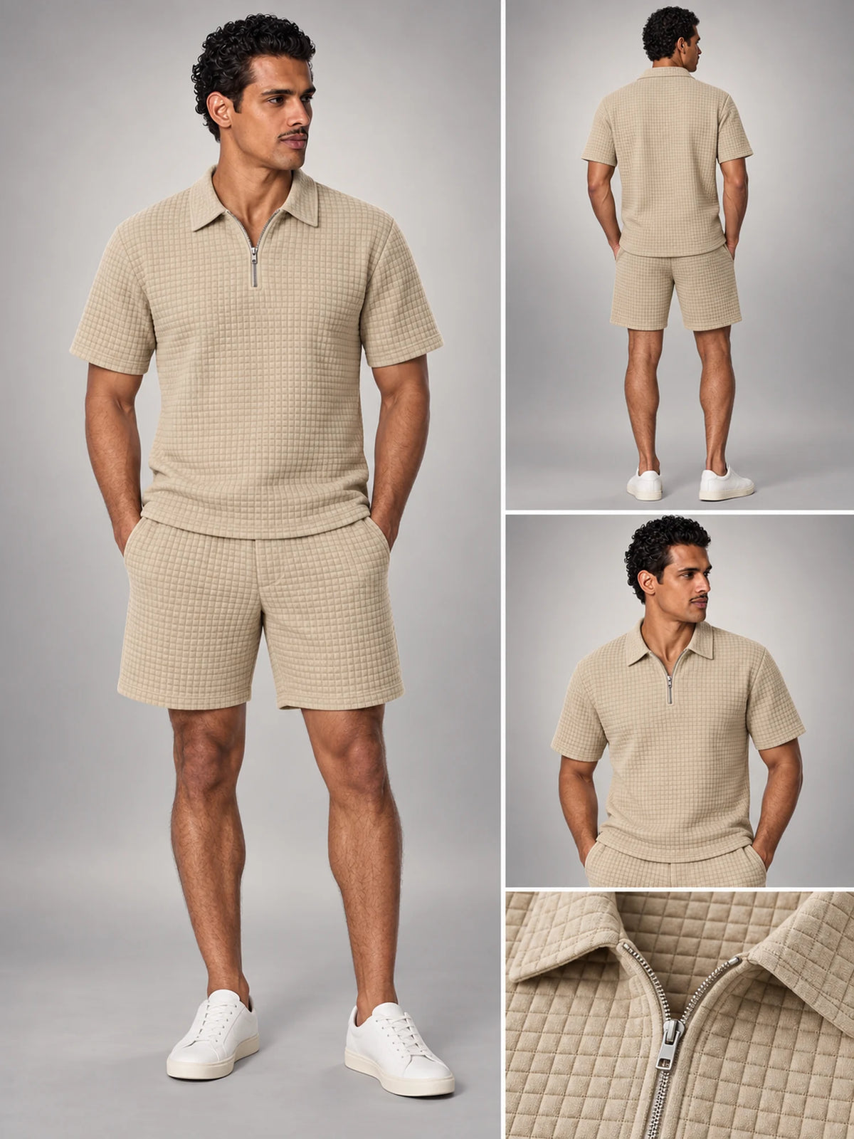 Volantero Men's Waffle-Knit Shorts Set in Beige, hover view