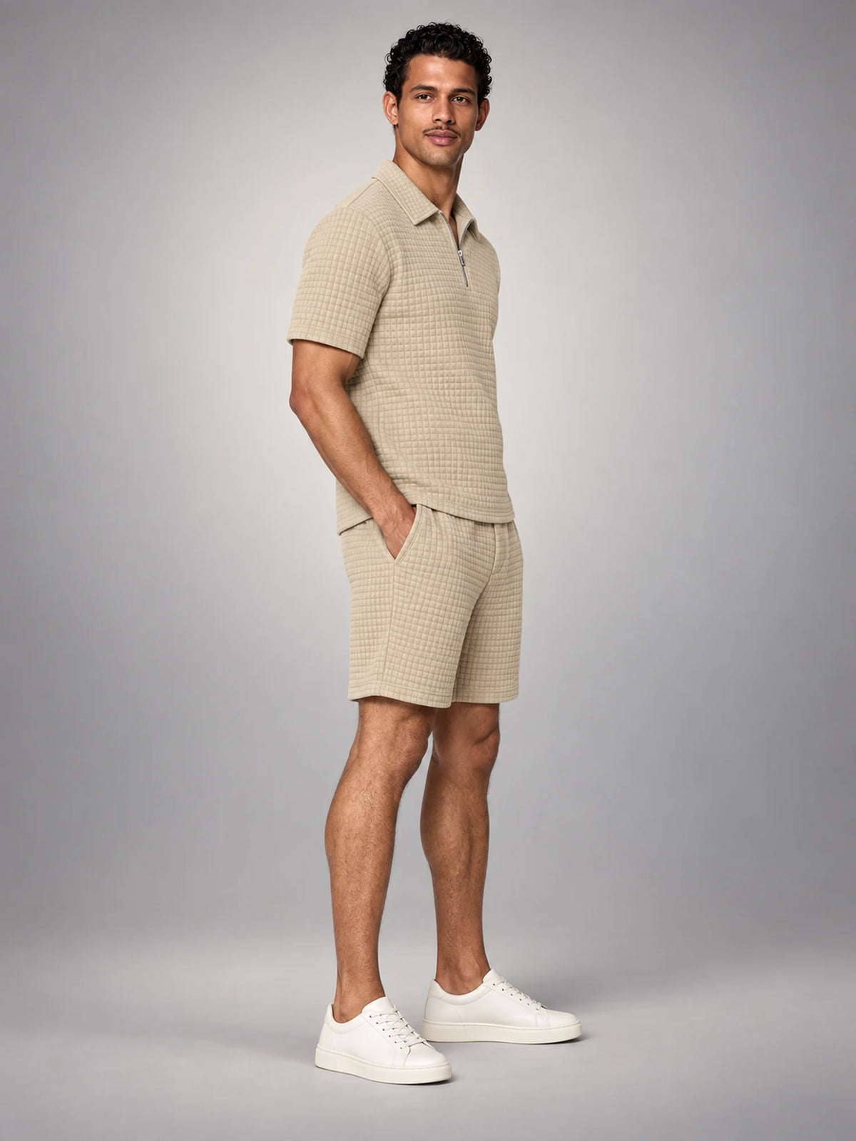 Volantero Men's Waffle-Knit Shorts Set in Beige, side view
