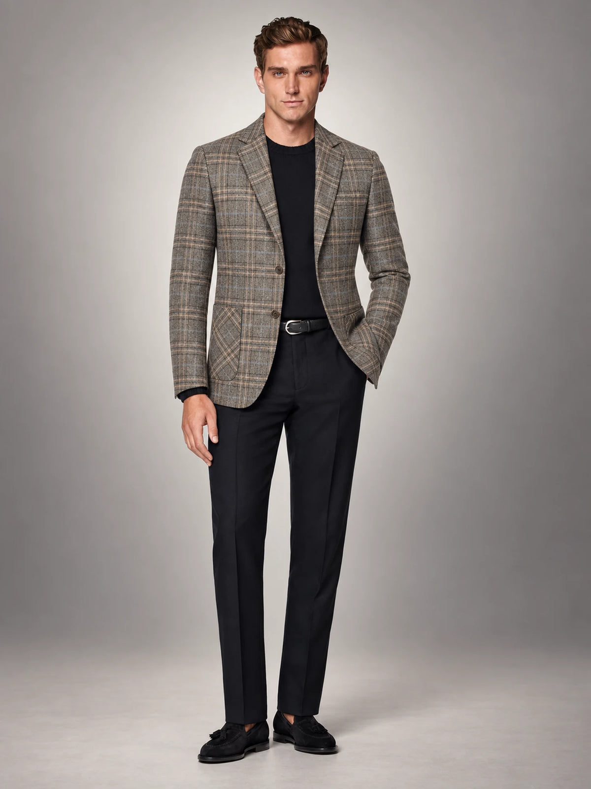 Volantero Men's Checked Blazer Jacket in Beige, front view
