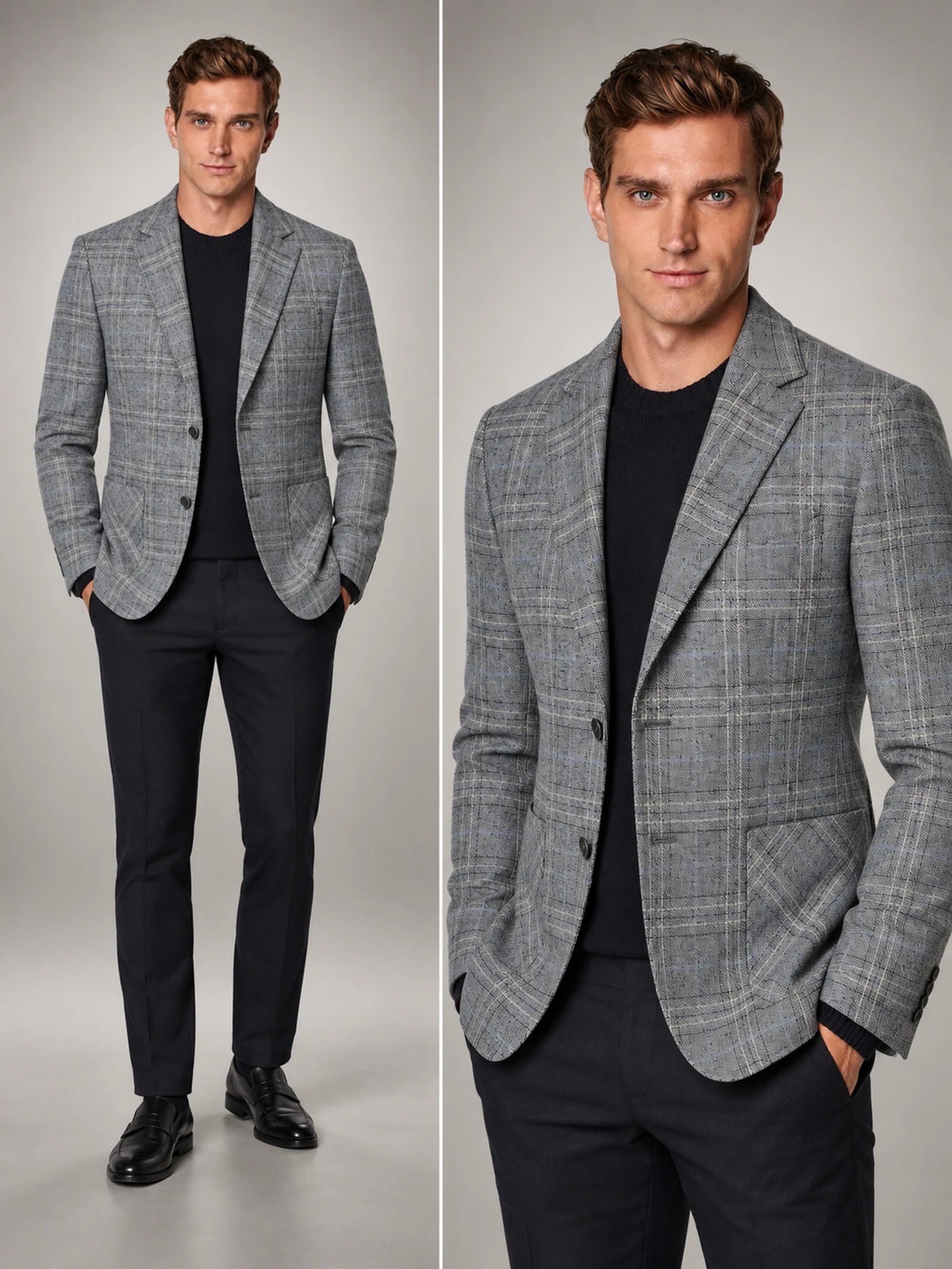 Volantero Men's Checked Blazer Jacket in Grey, hover view
