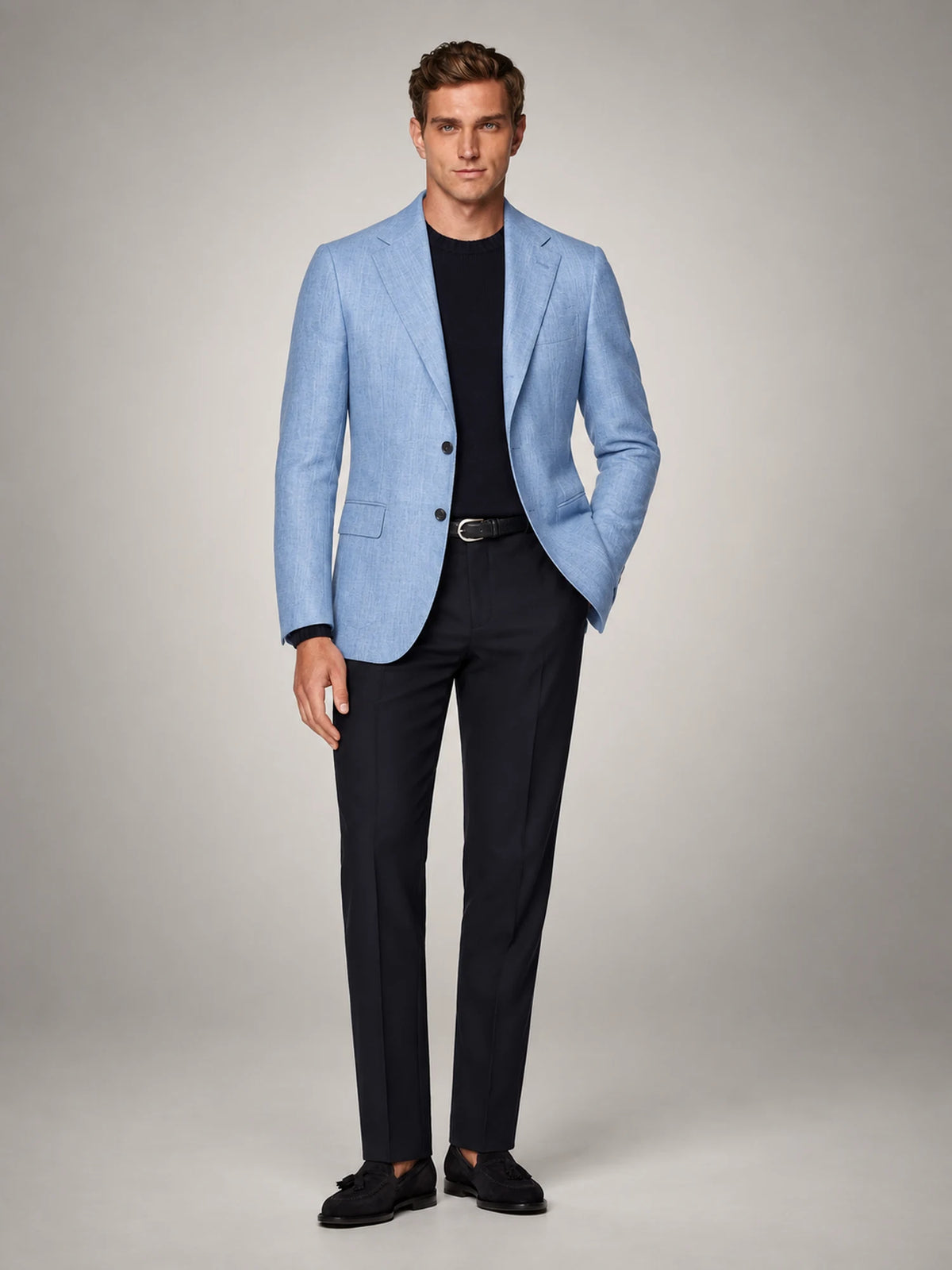 Volantero Men's Casual Linen Blazer Jacket in Blue, front view