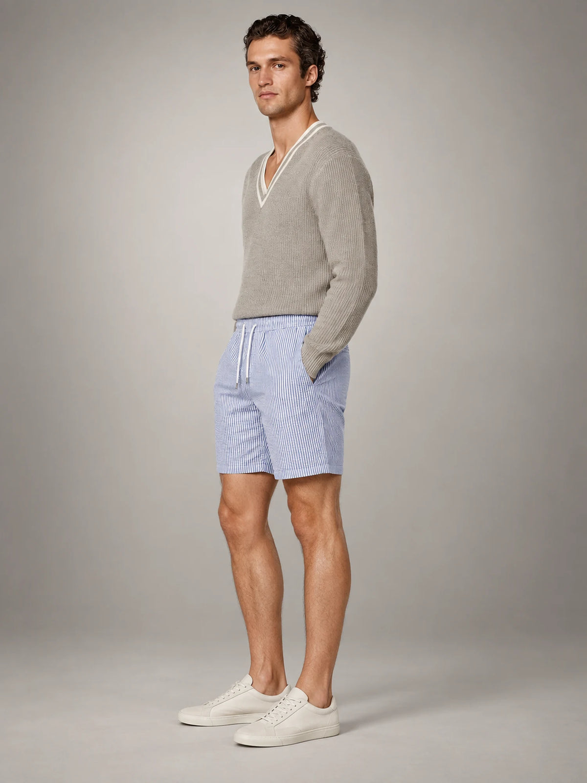 Volantero Men's Casual Striped Summer Shorts in Blue, side view