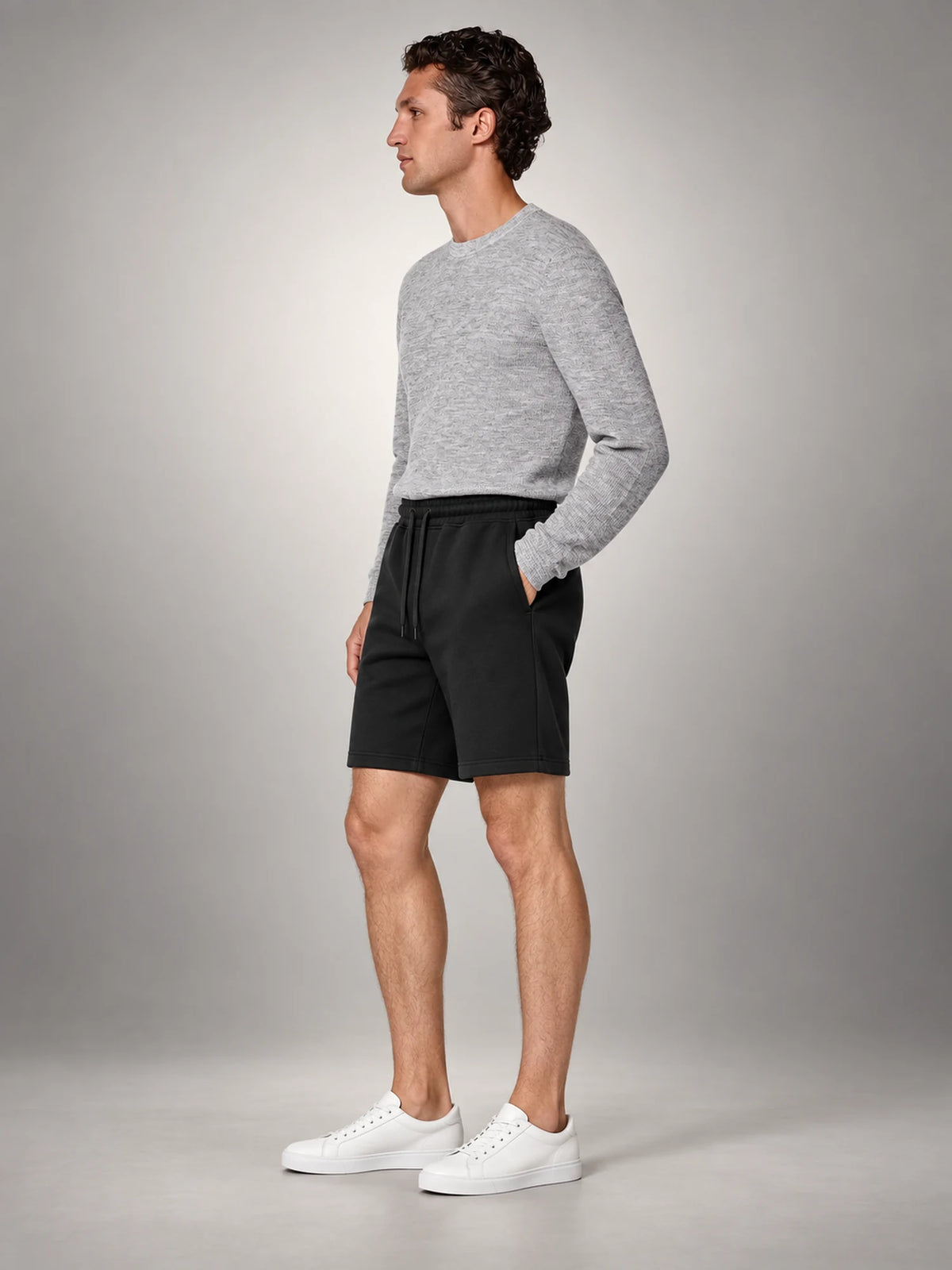 Volantero Men's Fleece Drawstring Shorts in Black, side view