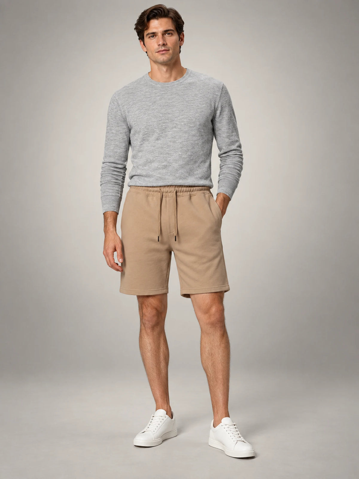 Volantero Men's Fleece Drawstring Shorts in Khaki, front view