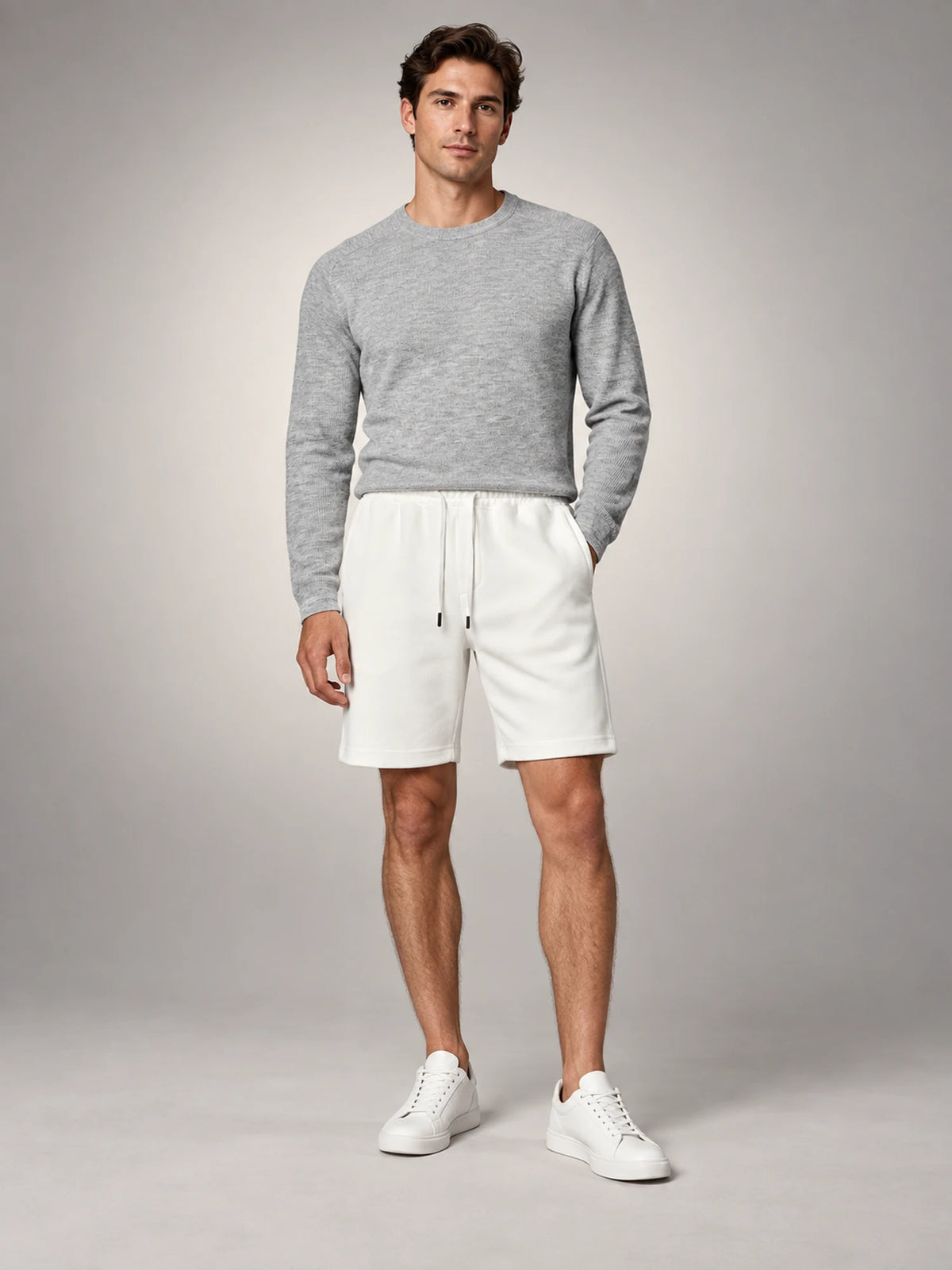Volantero Men's Fleece Drawstring Shorts in White, front view
