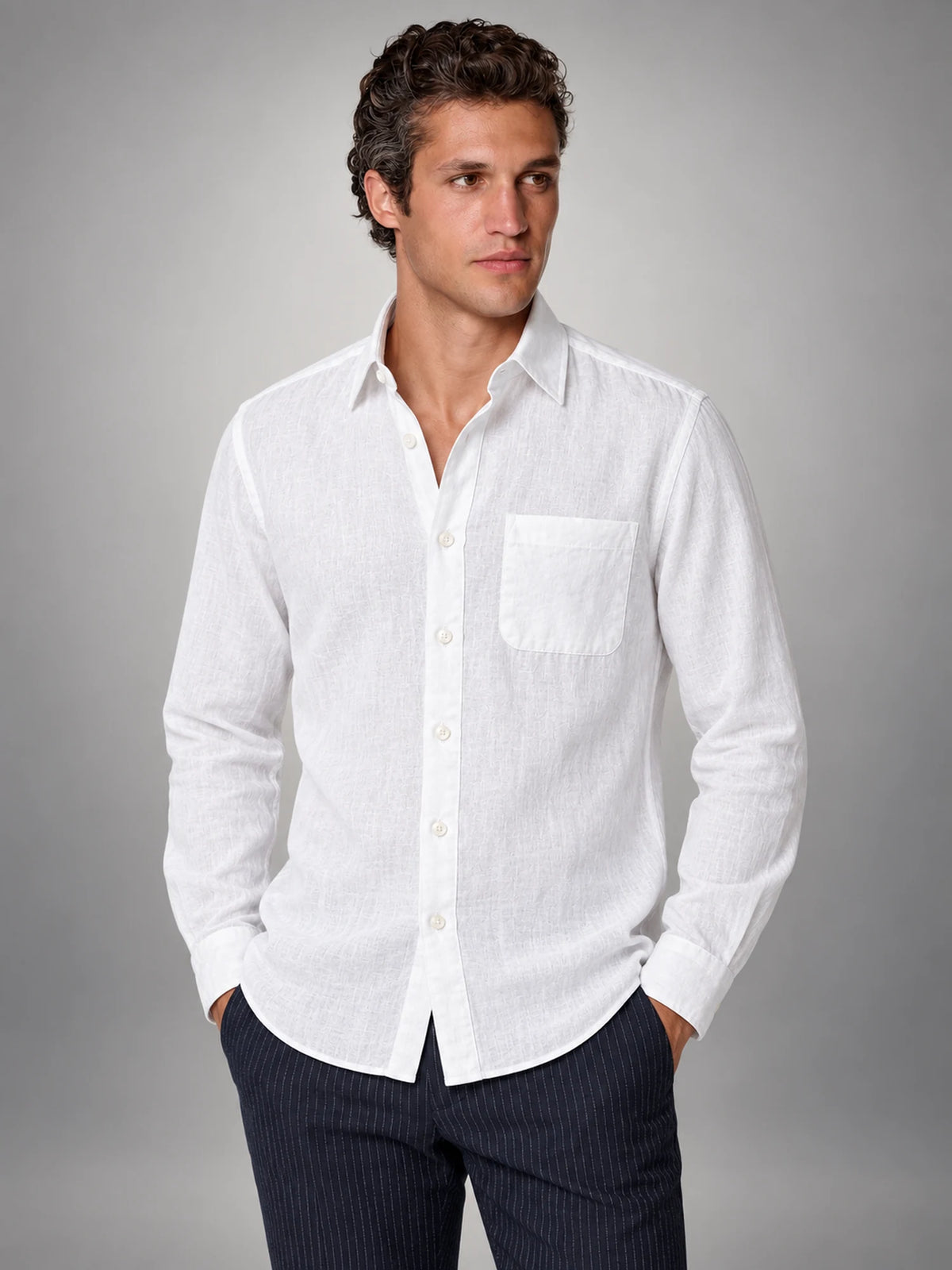 Volantero Men's Linen Shirt in White, hover view