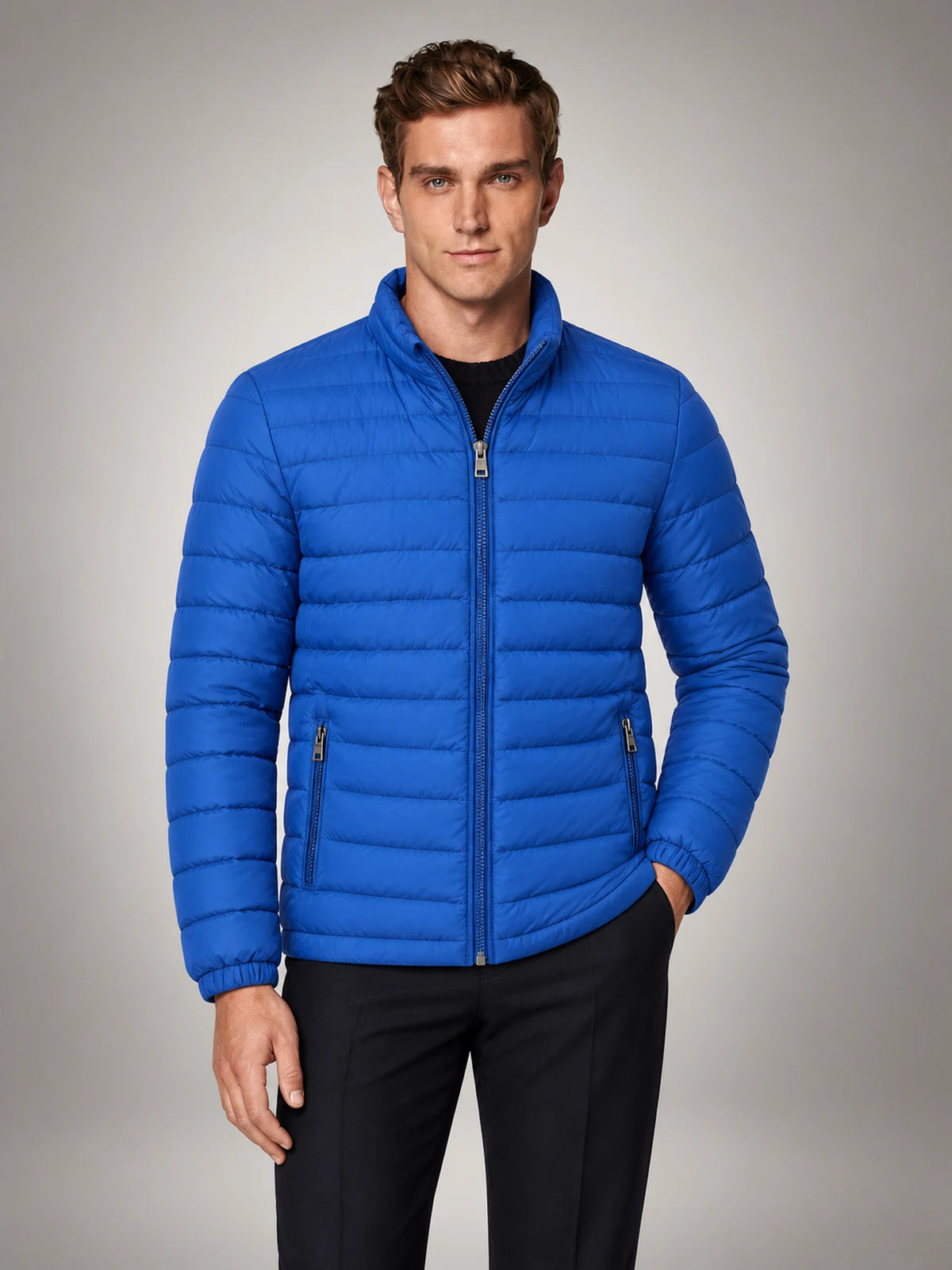 Volantero Men's Lightweight Puffer Spring Jacket in Blue, front view