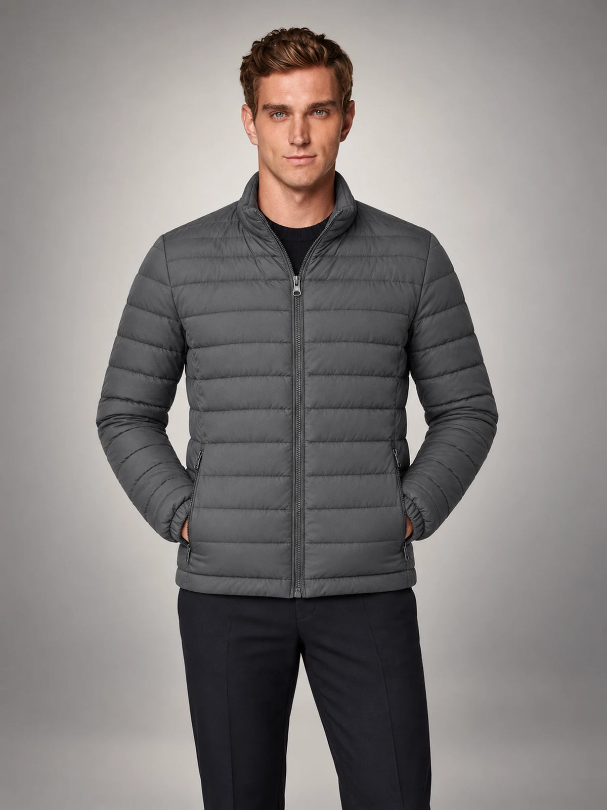 Volantero Men's Lightweight Puffer Spring Jacket in Grey, front view