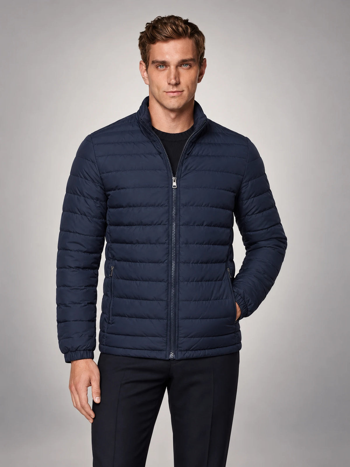 Volantero Men's Lightweight Puffer Spring Jacket in Navy, front view