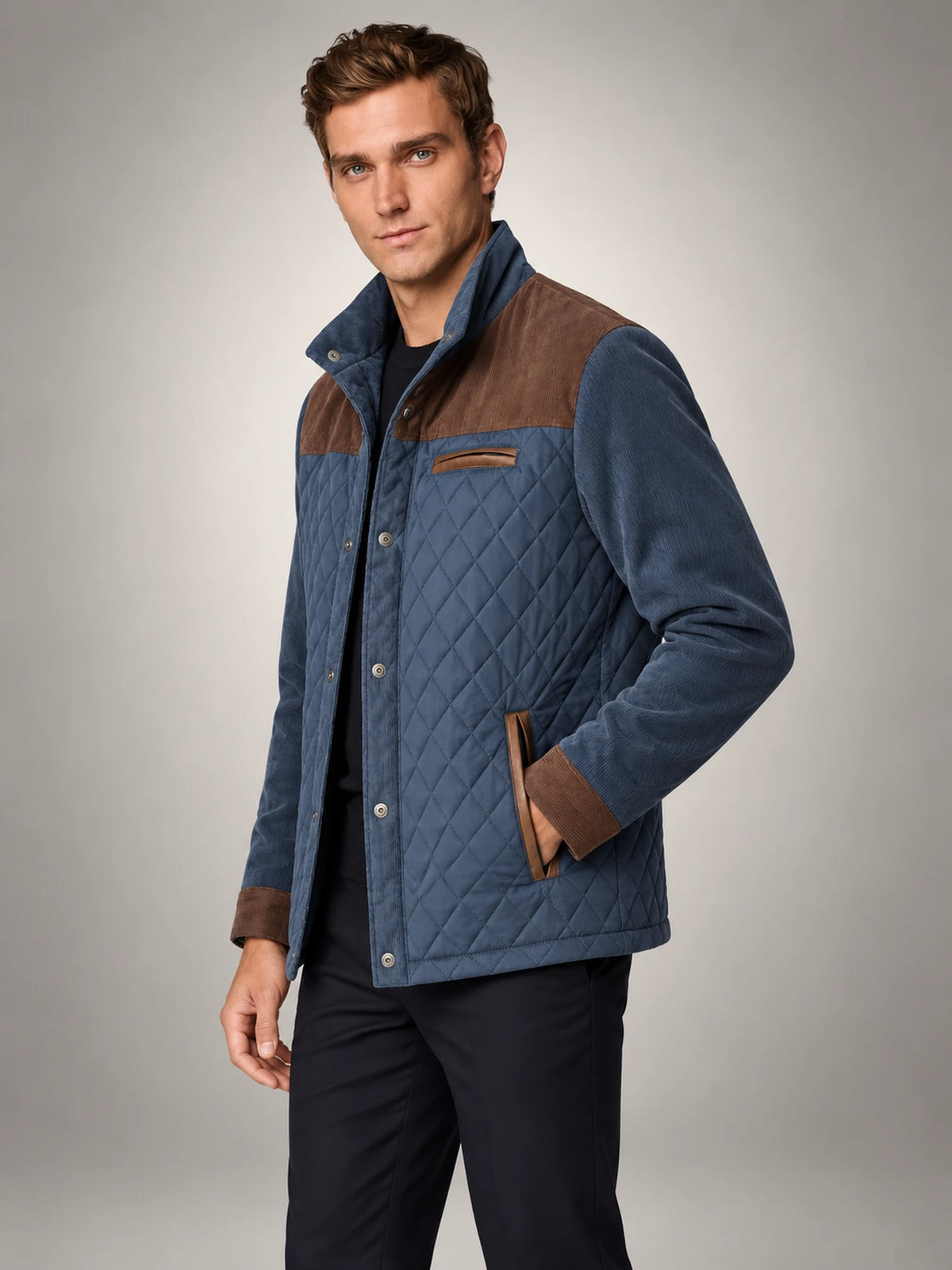 Volantero Men's Quilted Spring Jacket with Stand-Up Collar in Coffee/Blue, side view