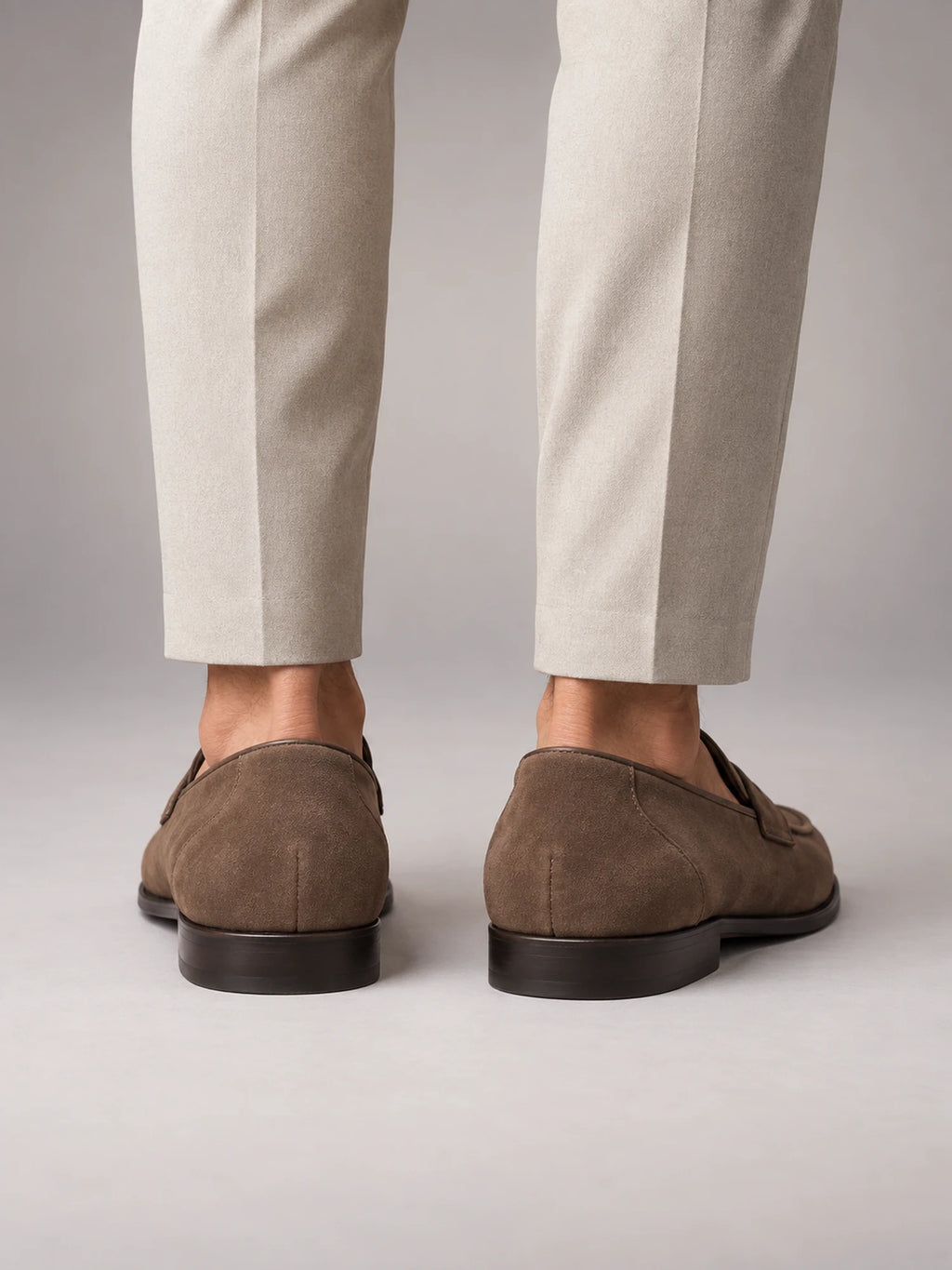 Volantero Men's Suede Penny Loafers in Light Brown, back view
