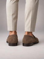 Volantero Men's Suede Penny Loafers in Light Brown, back view