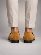 Volantero Men's Suede Penny Loafers in Yellow, back view