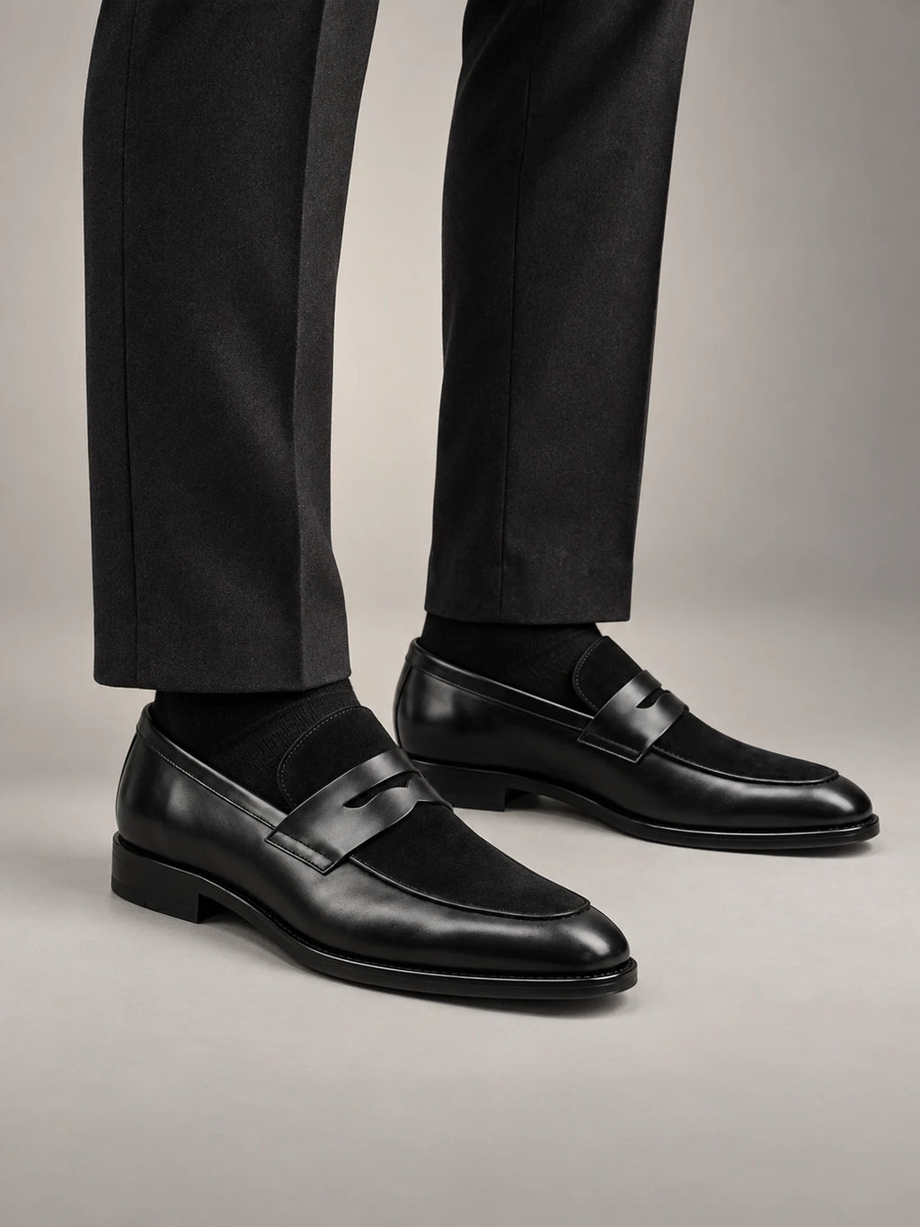 Volantero Men's Leather Suede Panel Loafers in Black, hover view