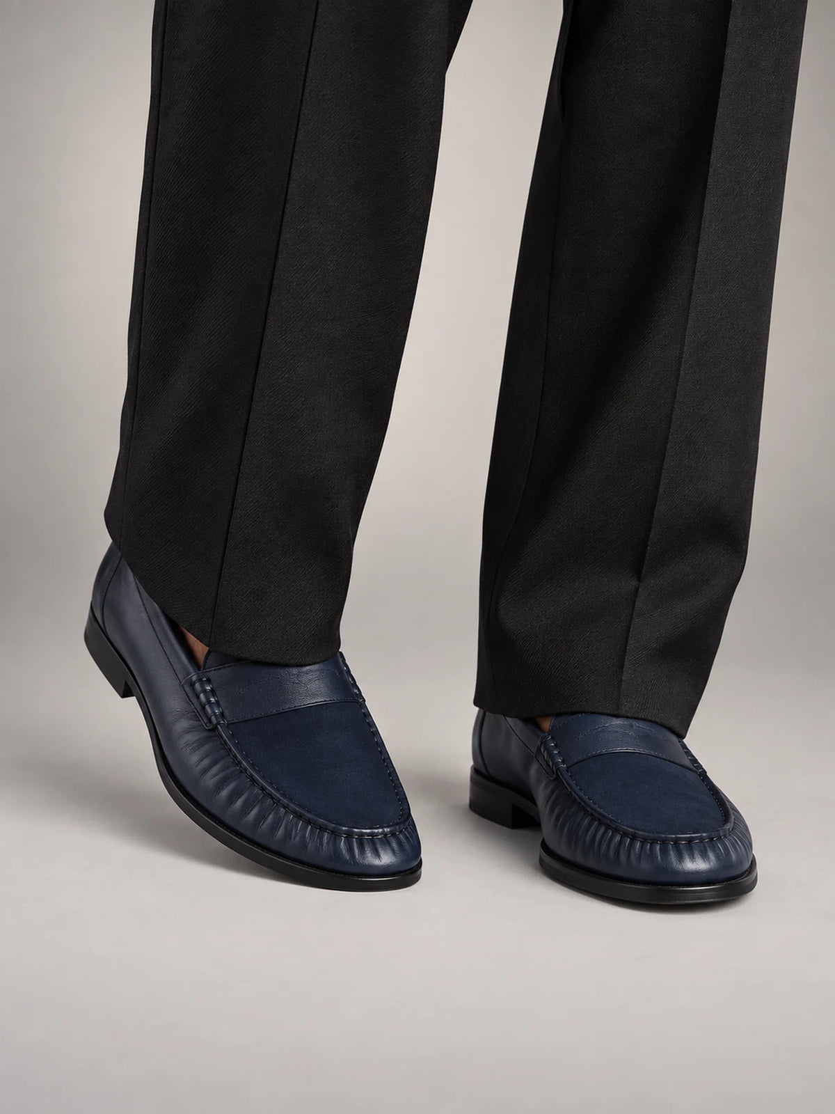 Volantero Men's Leather Suede Panel Loafers in Navy, front view