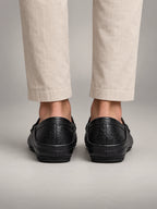 Volantero Men's Leather Travel Loafers with Fold Down Heel in Black, back view