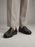 Volantero Men's Leather Travel Loafers with Fold Down Heel in Black, front view