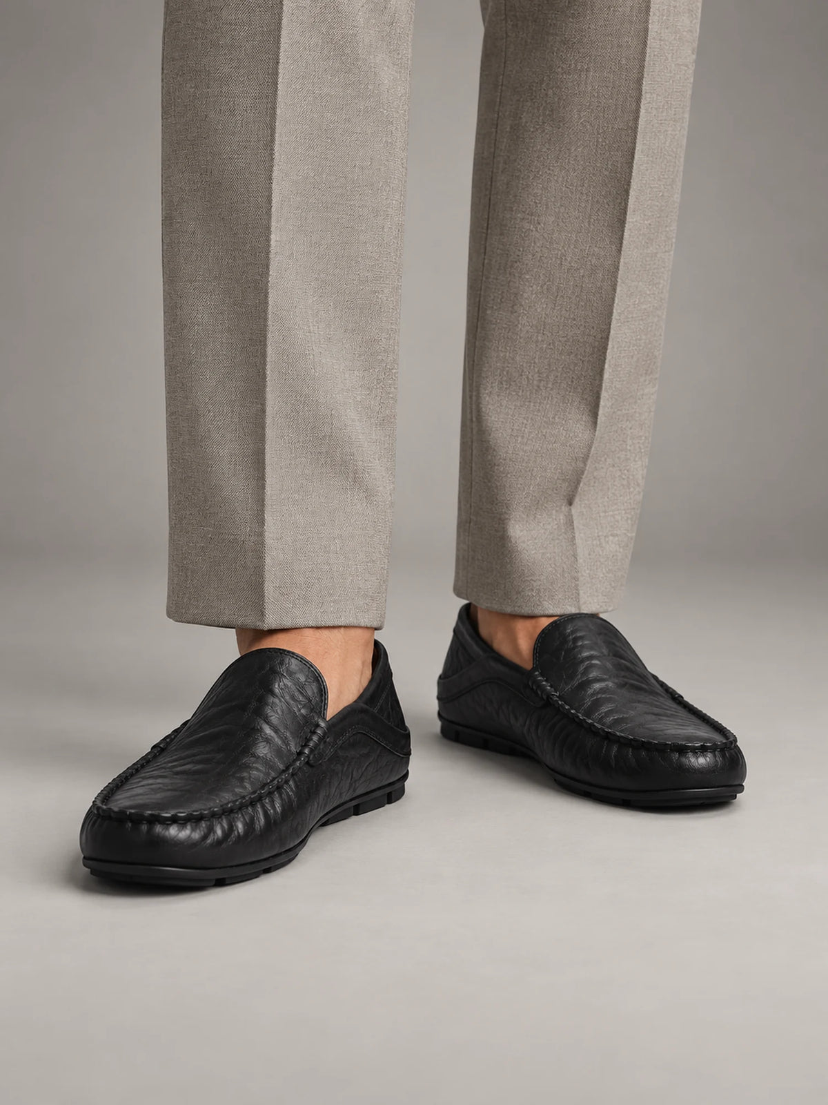 Volantero Men's Leather Travel Loafers with Fold Down Heel in Black, front view