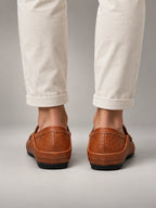 Volantero Men's Leather Travel Loafers with Fold Down Heel in Brown, back view