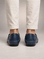 Volantero Men's Leather Travel Loafers with Fold Down Heel in Navy, back view