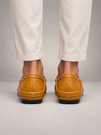 Volantero Men's Leather Travel Loafers with Fold Down Heel in Yellow, back view