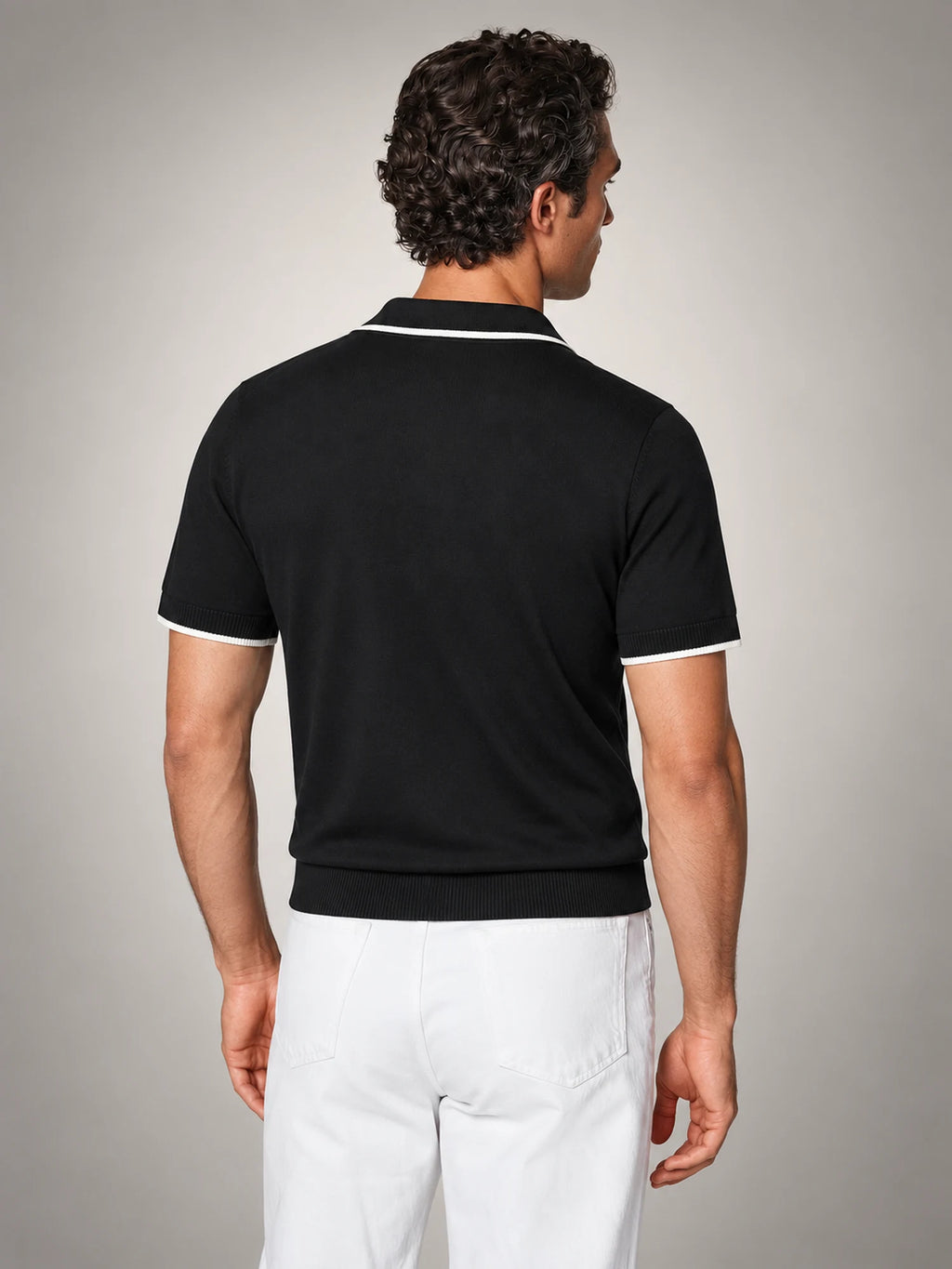 Volantero Men's Tipped Open Collar Knit Polo in Black, back view