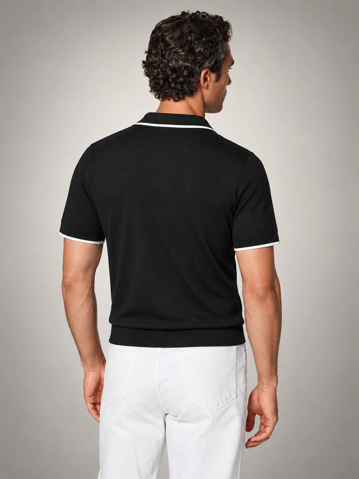 Volantero Men's Tipped Open Collar Knit Polo in Black, back view