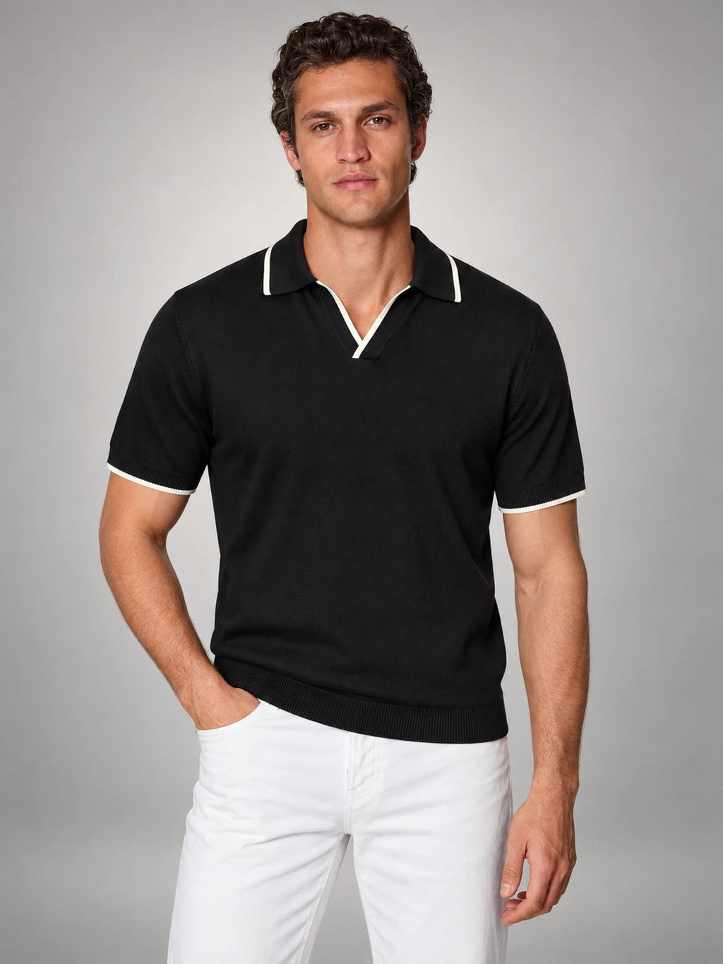 Volantero Men's Tipped Open Collar Knit Polo in Black, hover view
