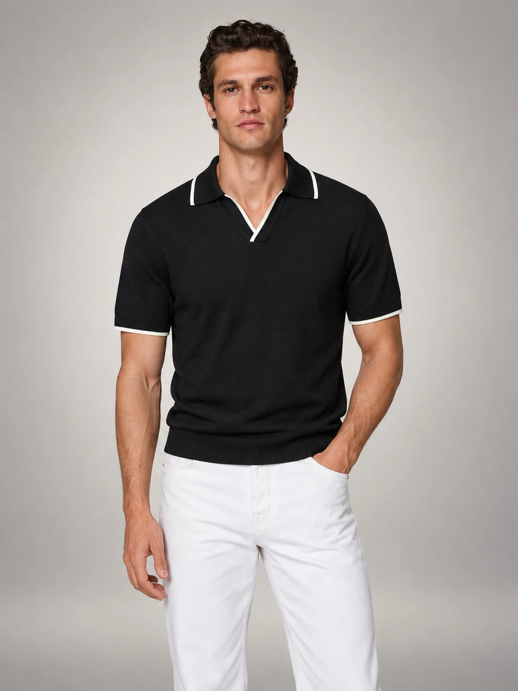 Volantero Men's Tipped Open Collar Knit Polo in Black, main view